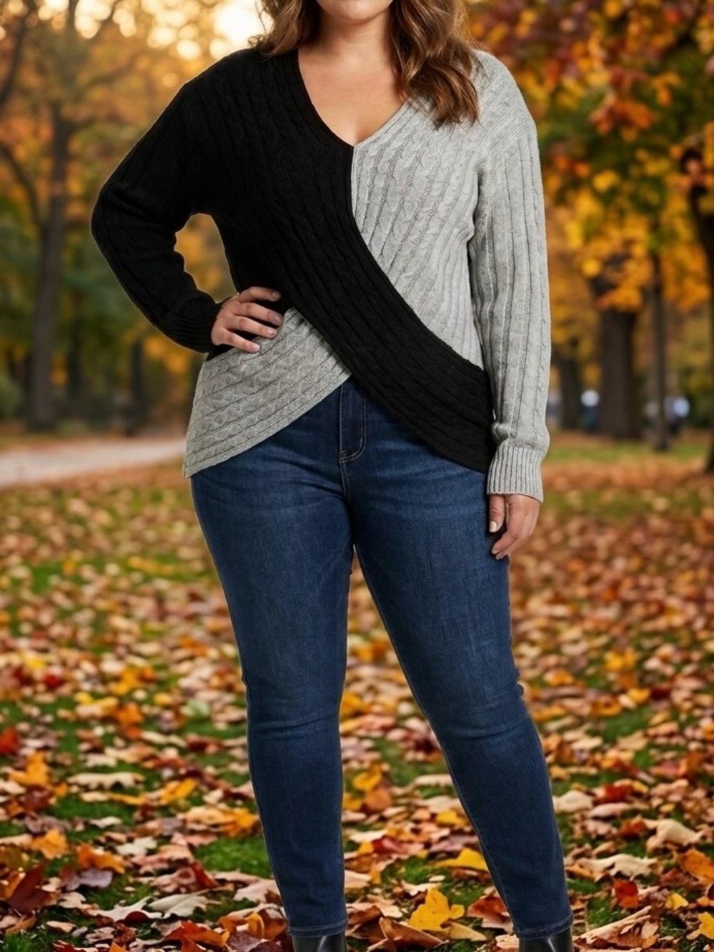 Absolutely Famous Crossover Cable Knit Colorblock Sweater Black Gray XL EUC